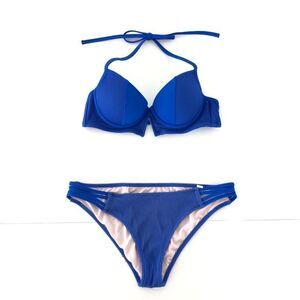 Shade & Shore Underwire Bikini Set Swimsuit Ribbed Royal Blue Bra Cups 34A